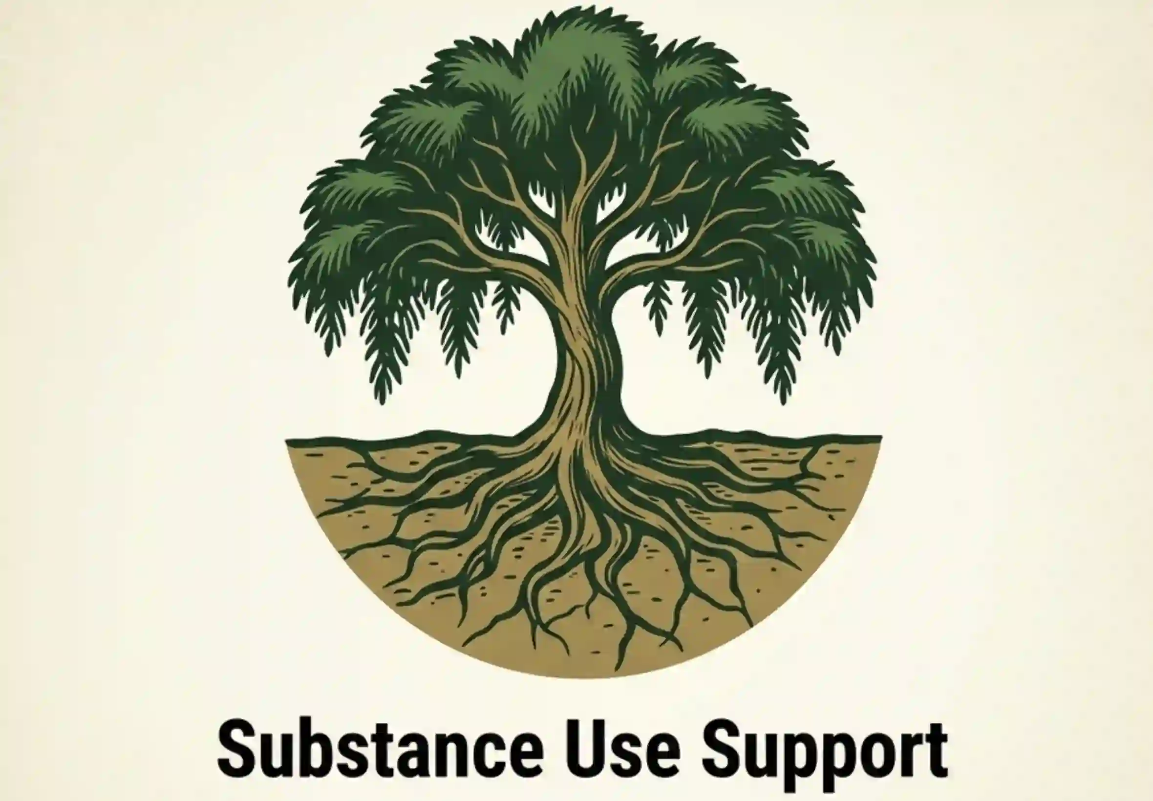 A single-color etched illustrative emblem in the Weeping Pines' brand style, featuring a strong Weeping Pine tree with a prominent, deep Taproot system anchored firmly into dark, stable soil. This emphasizes 'grounding' and foundational strength encouraged during sessions. Text reads: Substance Use Support. Artwork by: Kyle D McCall