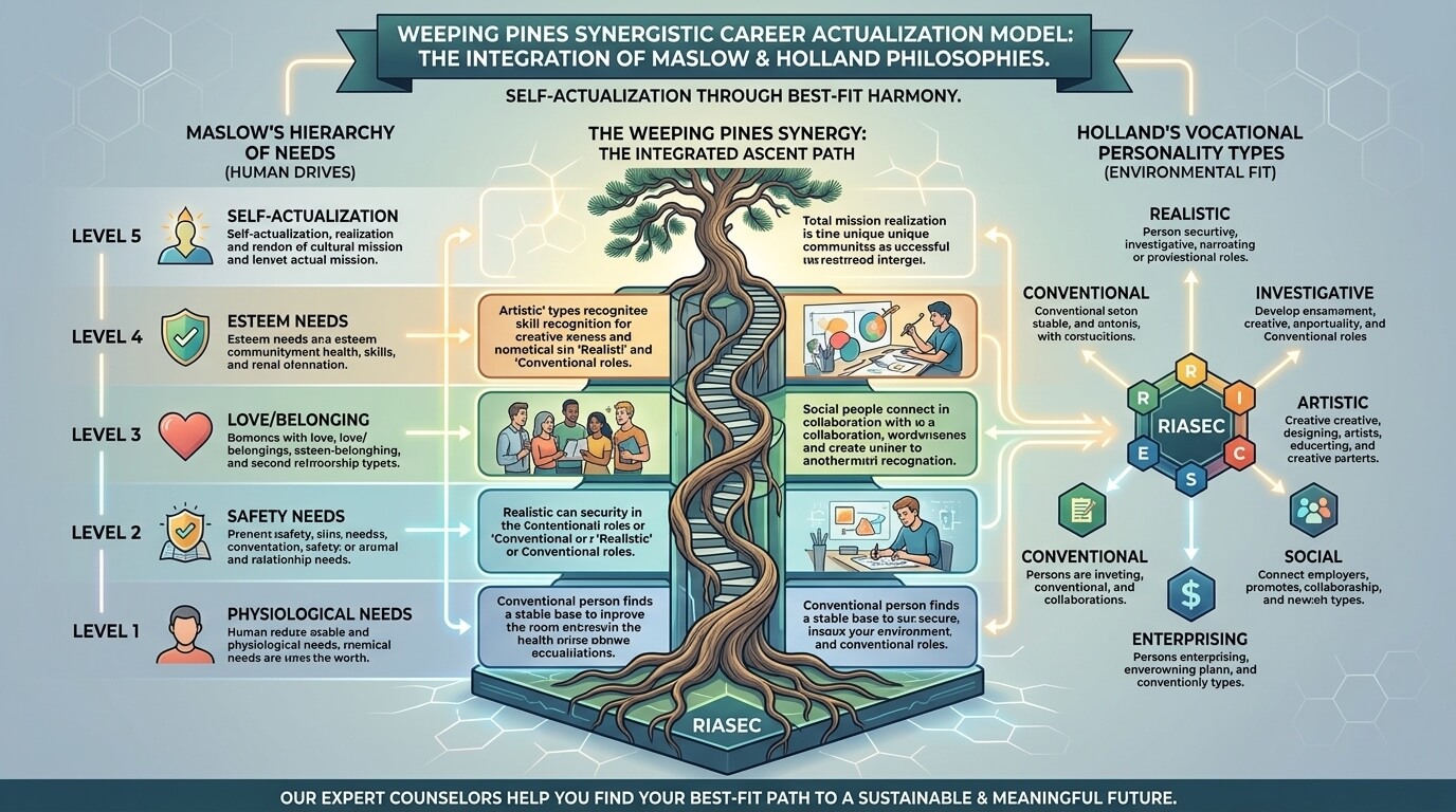 A detailed infographic illustrating the 'Weeping Pines Synergistic Career Actualization Model'—an integration of Maslow's Hierarchy of Needs and Holland's RIASEC Vocational Personality Types. It shows a synergistic ascent path to self-actualization through environmental fit (offered through our career counseling in Amarillo and throughout Texas), featuring a central gnarled tree structure on a hexagonal base.