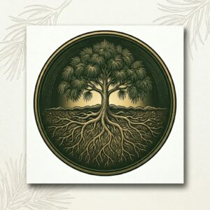 An intricate, single-color etched illustration of a strong, healthy Weeping Pine tree with its drooping branches and an established root system, representing resilience and established growth, mirroring the strength seen in the logo.