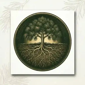 An intricate, single-color etched illustration of a strong, healthy Weeping Pine tree with its drooping branches and an established root system, representing resilience and established growth, mirroring the strength seen in the logo.