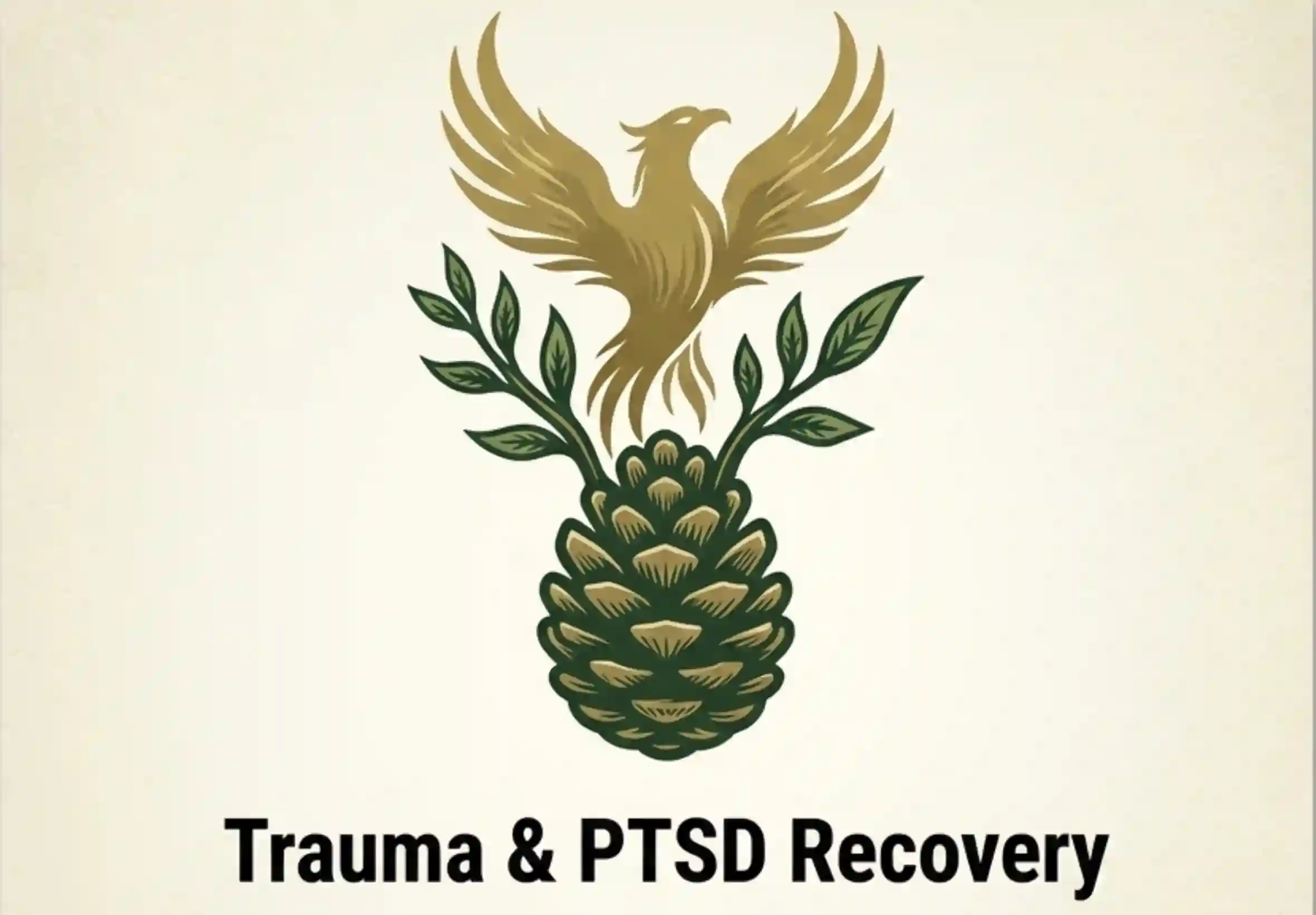 A single-color etched illustrative emblem in the Weeping Pines' brand style, featuring a single, large pinecone with new, vibrant shoots and a rising phoenix form sprouting directly from its core. This represents Serotiny and post-traumatic growth available online through our services throughout Texas. Text reads: Trauma and PTSD Recovery. Artwork by: Kyle D McCall