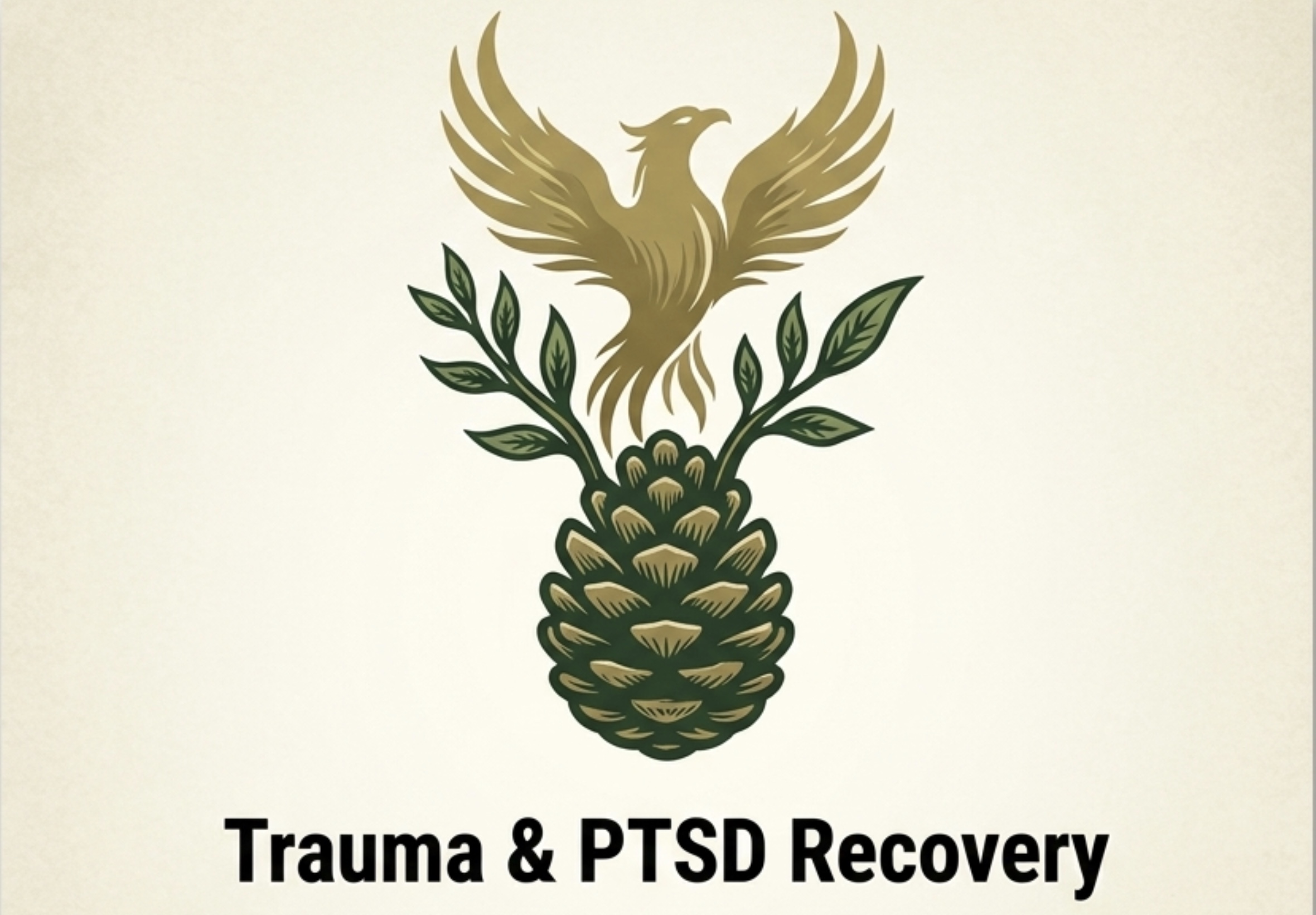 A single-color etched illustrative emblem in the Weeping Pines' brand style, featuring a single, large pinecone with new, vibrant shoots and a rising phoenix form sprouting directly from its core. This represents Serotiny and post-traumatic growth available online through our services throughout Texas.