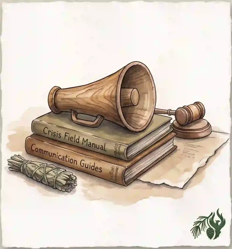 Watercolor illustration of a wooden megaphone and a gavel resting on books titled Crisis Field Manual and Communication Guides, representing community mental health education.