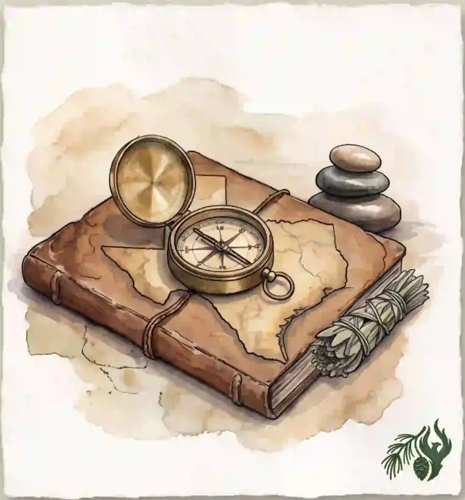 Watercolor painting of a brass compass resting on a vintage map beside balancing stones and sage, symbolizing finding direction, clarity, and balance through therapy.